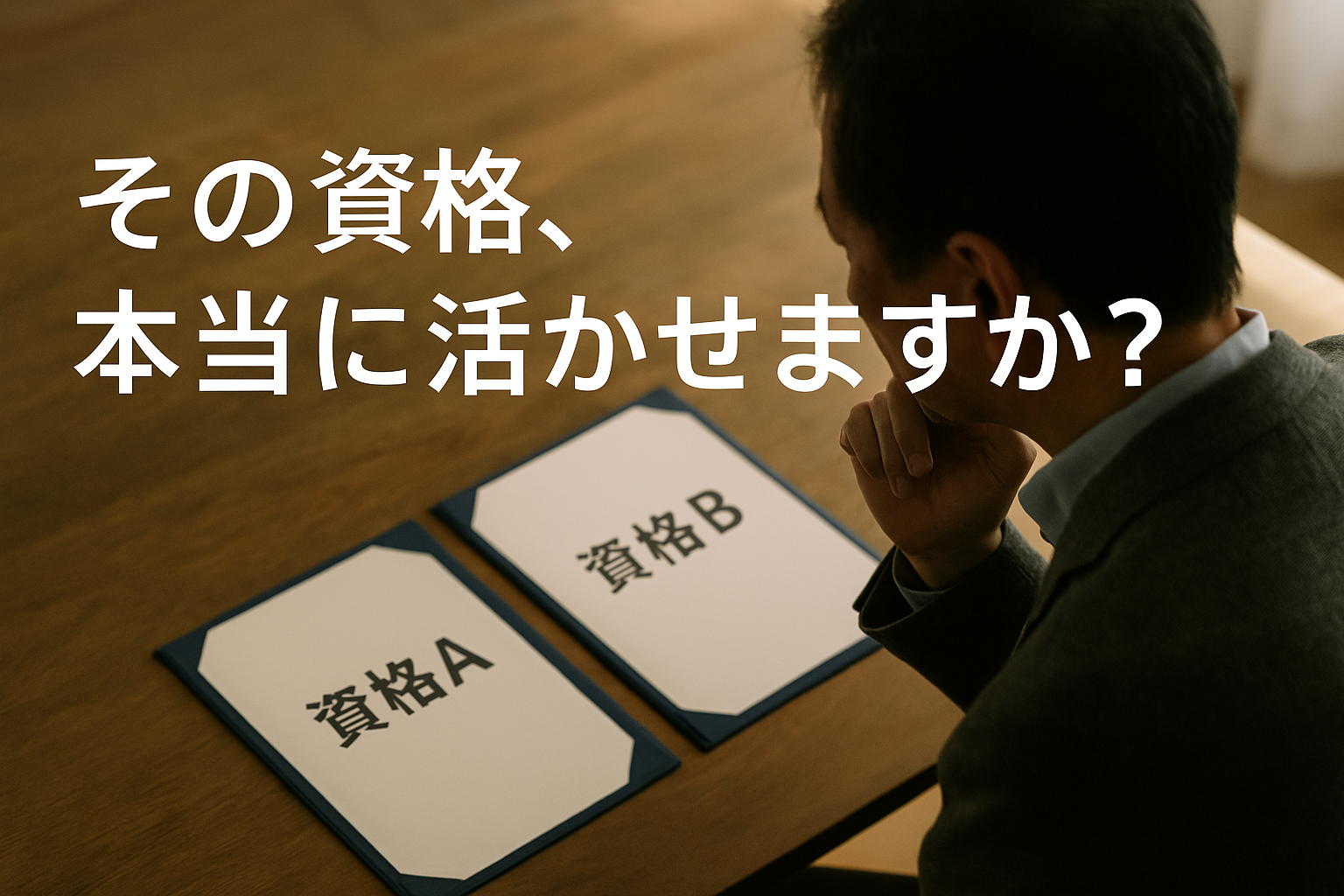 2つの選択肢（資格）を前に悩む中年の人物