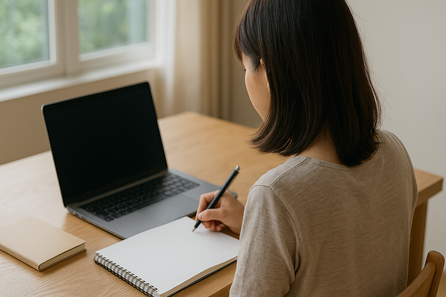 パソコンの前で勉強している主婦