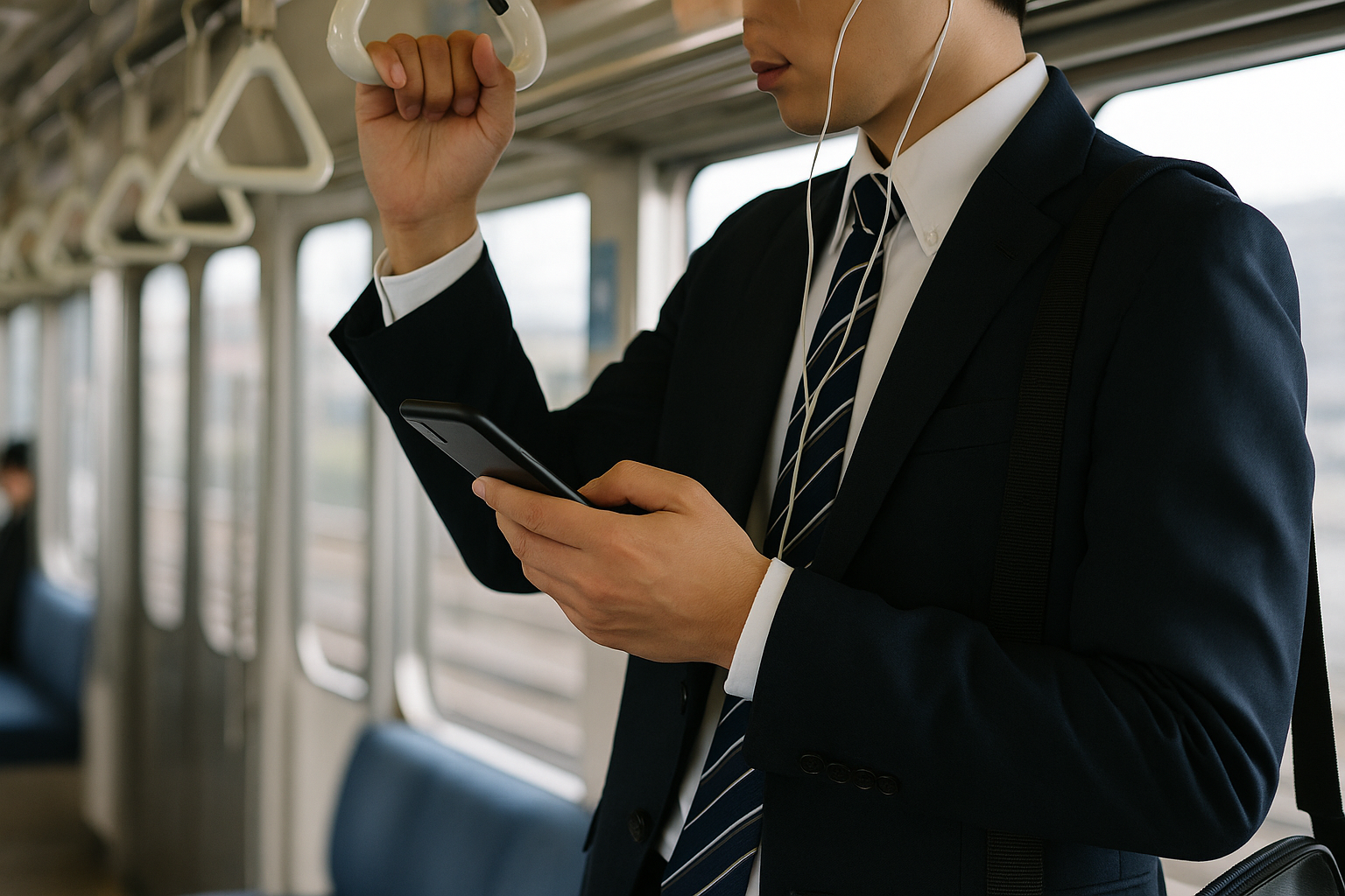 通勤電車の中でスマホを見ながら勉強する社会人