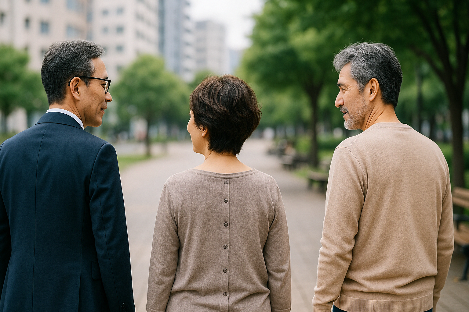 3人の人物が並ぶ構図（やや後ろ姿、年代感あり）