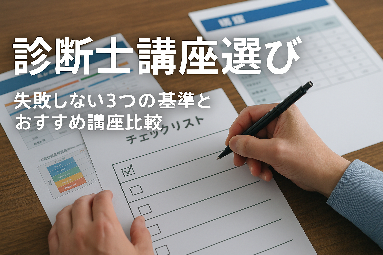 チェックリストとペンを手に講座を比較する場面