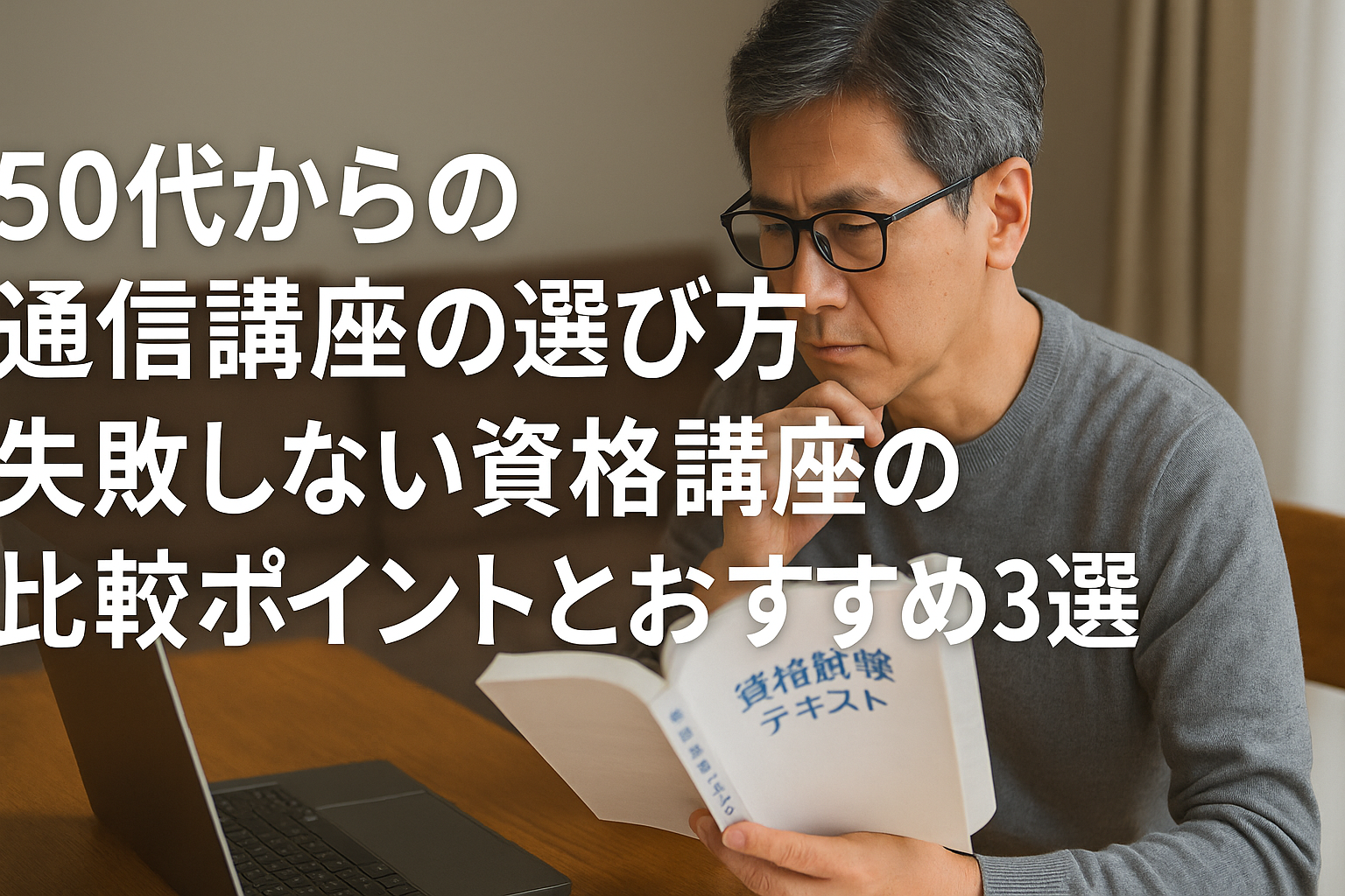 ノートPCと資格テキストを前に考える50代男性