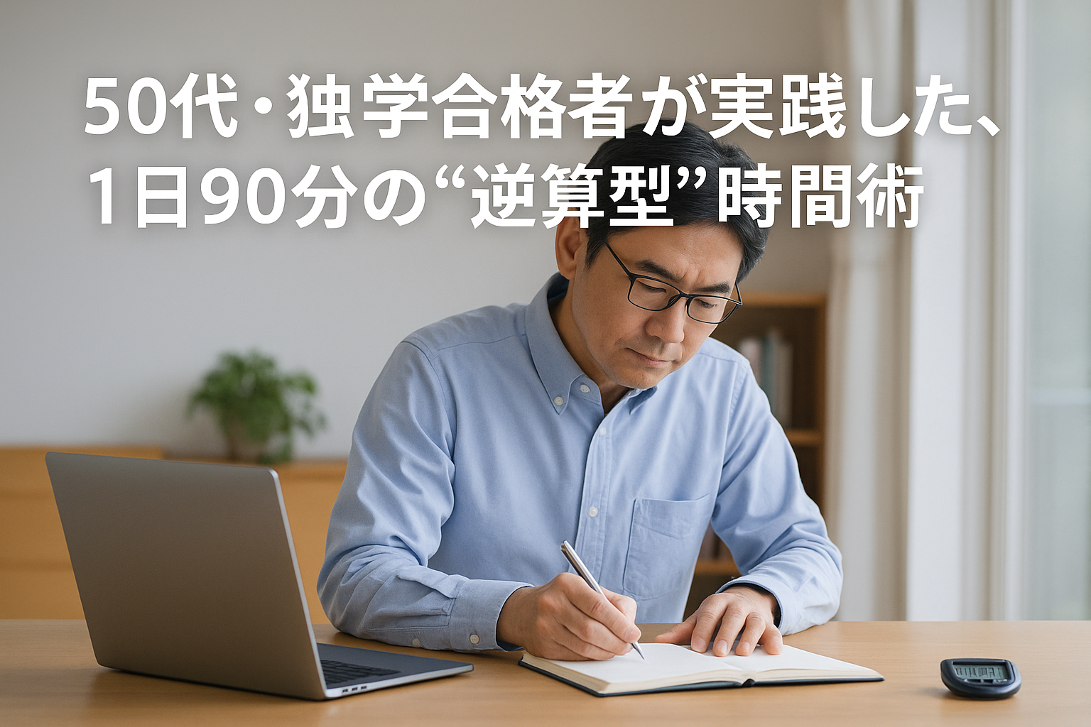 リビングのダイニングテーブルでストップウォッチと教材を並べた学習風景