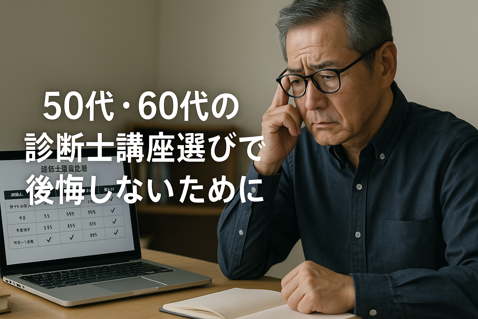 悩むシニア男性がパソコン前で講座比較（迷いの象徴）