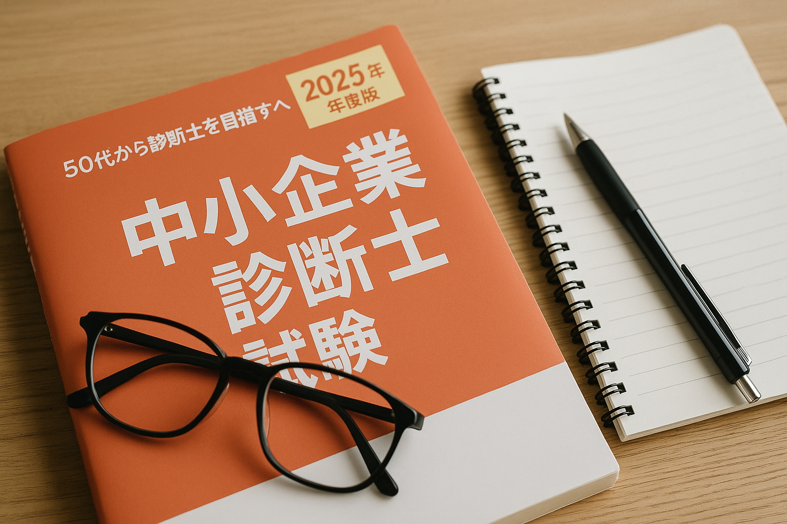 資格テキストと老眼鏡が並ぶ机（現実的な学びの風景）